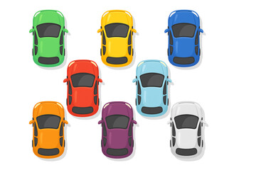 Top View Car Set Cute Beautiful Cartoon Vehicles Birds Eye Urban Transport Flat Vector Illustration with Shadows White Background