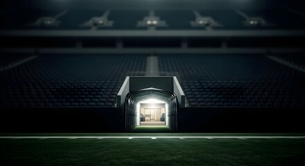 Dramatic view of a football stadium tunnel, illuminated by bright lights, leads onto the field, creating anticipation and the promise of a game.