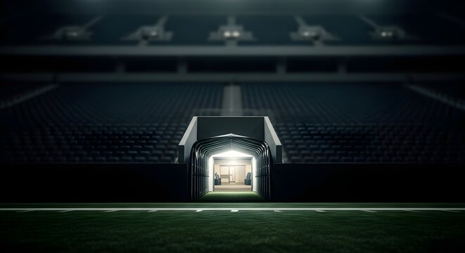 Dramatic view of a football stadium tunnel, illuminated by bright lights, leads onto the field, creating anticipation and the promise of a game. - Powered by Adobe