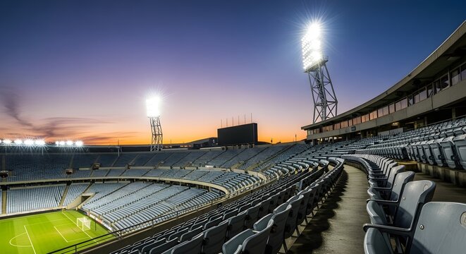 Panoramic view of an empty soccer stadium with rows of blue seats and a vibrant green field, illuminated by stadium lights during a sunset, creating a powerful atmosphere for sports and events.