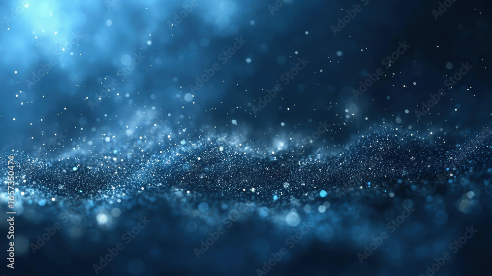 Sticker a dark blue background with particles or elements randomly drifting in space.