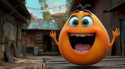 Joyful orange character in alley