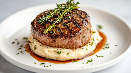 Gourmet filet mignon served on creamy truffle mash, garnished with herbs, looks delicious