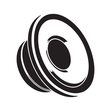 Dynamic audio speaker icon. Stylized music sound system symbol in 3D perspective. Black silhouette vector illustration for logo, bass, or volume concept.
