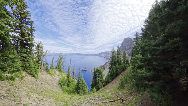 360 Panorama Video of Crater Lake National Park with Phantom Ship View through Pines