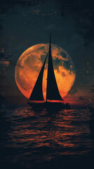 Sailboat Silhouette Sailing Under Giant Orange Moon