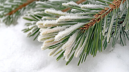 Frosted pine needles glisten in winter sunlight, creating serene and beautiful scene