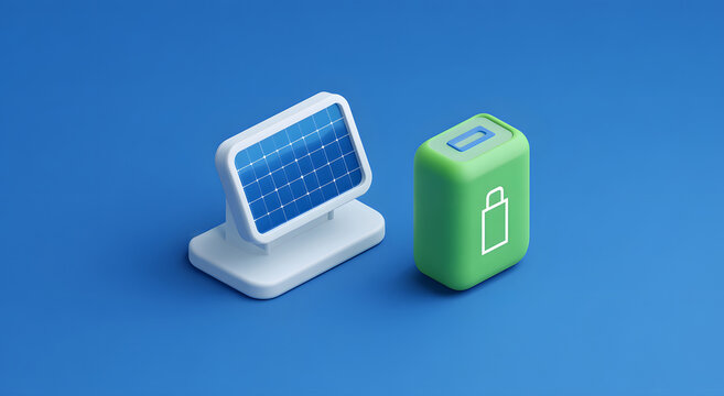 3d icon of a solar panel and charging station on a blue background with green color detail showing a white battery symbol in a minimalistic style vector illustration for clean renewable energy use - Powered by Adobe