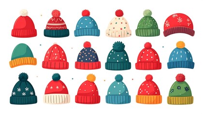 Collection of colorful winter beanies with pom-poms