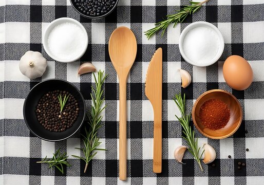 Overhead view of cooking ingredients and wooden utensils laid out on a checkered tablecloth for food preparation.