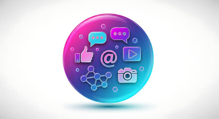 Social media icons displayed within a vibrant, glossy sphere.