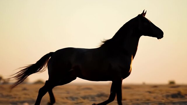 Black horse rearing silhouette against orange sunset 
