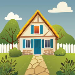 Cartoon village house with thatched roof, blue shutters and stone pathway garden