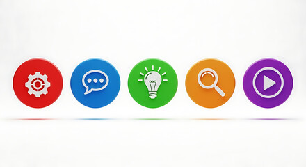 Five colorful, circular icons representing settings, communication, idea, search, and play on a white background.