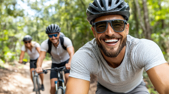 Smiling friends cycling together on forest trail, enjoying nature and adventure
