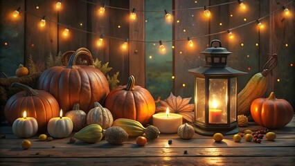 Obraz premium Autumnal Still Life Pumpkins Lanterns and Candlelight Warmth and Harvest Season Ambiance Rustic Wooden Setting