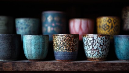 Colorful ceramic cups on a wooden shelf, showcasing various patterns and glaze techniques