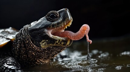 Alligator Snapping Turtle, its tongue lure a perfect, wriggling worm made of pink quartz, surreal deceptive gem texture, murky water lighting, isolated.