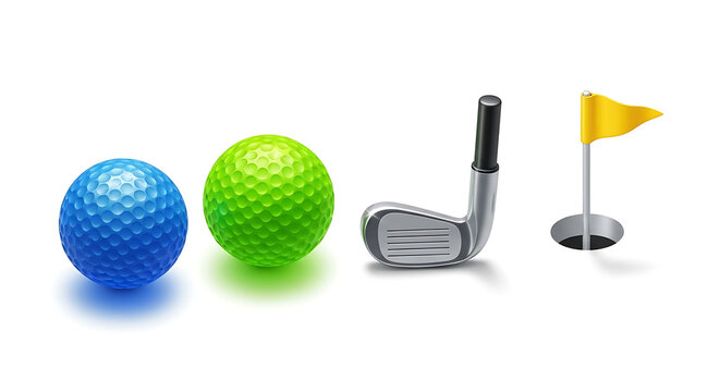 Miniature golf equipment: blue and green balls, putter, hole, flag.