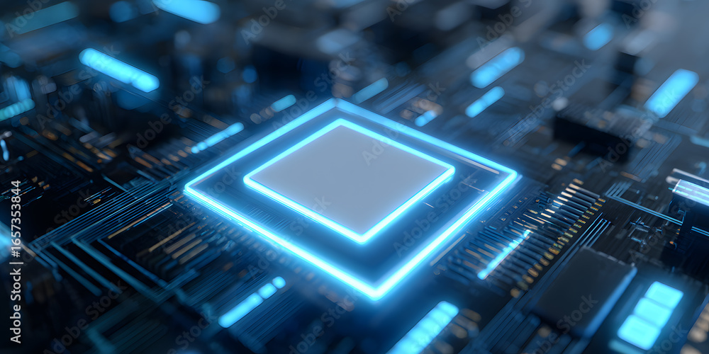 Poster high-tech microchip on circuit board with blue illumination