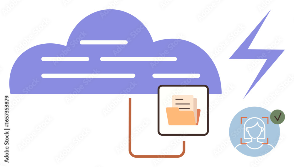 Aufkleber cloud with connected folder, lightning bolt, and verified user profile. ideal for technology, securi