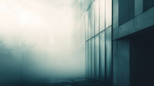 Fototapeta Building seen through morning mist, shapes softened, ethereal and mysterious atmosphere.