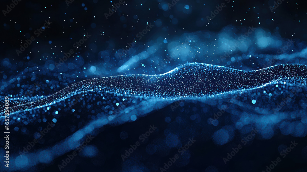 Sticker a dark blue background with particles or elements randomly drifting in space.