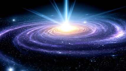 Swirling spiral galaxy with a bright center and emanating blue light beams - Powered by Adobe