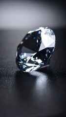 A brilliant-cut gemstone rests on a dark, reflective surface, showcasing its facets and sparkle