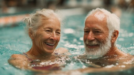 A happy senior couple swimming laps together in a heated community pool. The scene is inspiring and shows an active, lifelong lifestyle.