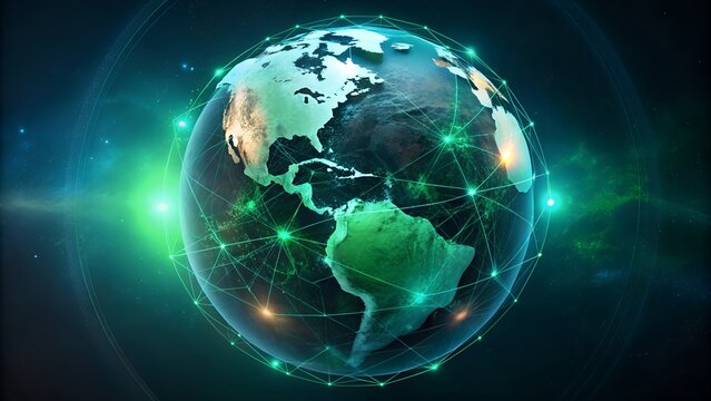 Digital Glowing Earth Globe With Green Network Connections Technology Design  