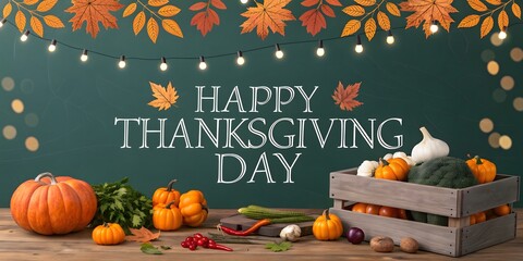 Thanksgiving Celebration A Bountiful Harvest with Festive Autumn Decorations and Happy Thanksgiving Day Message Backdrop