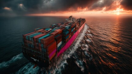 A massive cargo ship moving slowly across the sea with stacked containers
