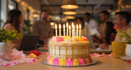 Birthday Celebration with Cake and Candles in Office Setting