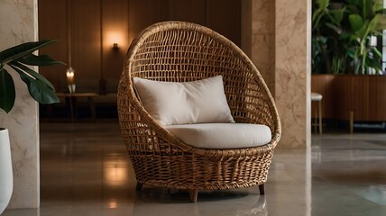 Fototapeta premium A wicker egg chair with white cushions in a well lit interior design setting with plants visible