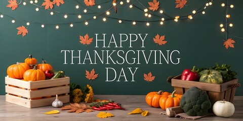 Festive Thanksgiving Display with Pumpkins, Vegetables, and Warm Lighting Decorating a Holiday Celebration on a Wooden Surface with Dark Green Background