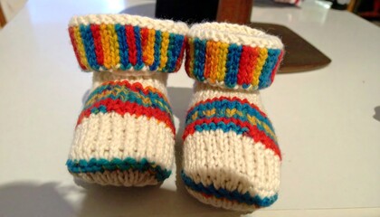 Knitted baby booties in cream with colorful stripes