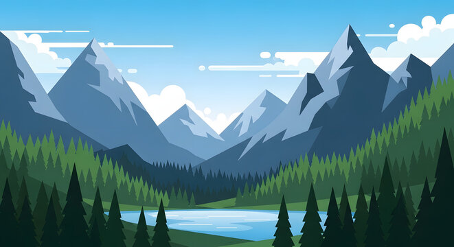 Scenic Mountain Range with Evergreen Trees and Blue Lake Under Cloudy Sky