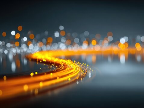 Abstract glowing orange trail curves across dark background with bokeh - Powered by Adobe