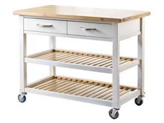 White kitchen island cart with wooden top, drawers, and shelves on wheels, isolated on transparent background, ideal for extra storage