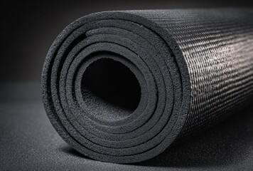 Naklejka premium Close-up of a rolled black rubber mat with textured , used for flooring or industrial purposes