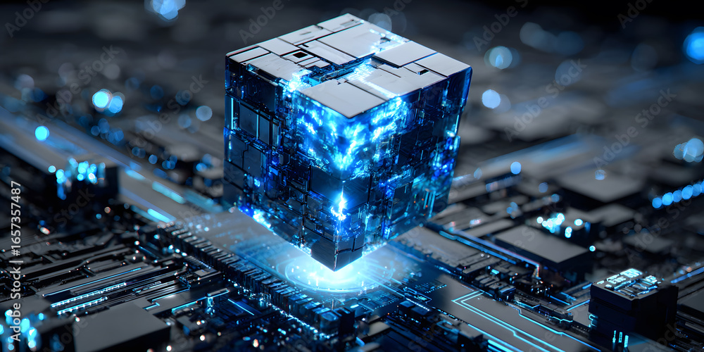 Poster advanced ai cube on circuit board, illuminated with blue light