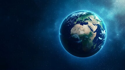 Obraz premium The image showcases planet Earth in a space scene filled with sparkling stars against a blue gradient backdrop, highlighted by a glowing atmosphere.