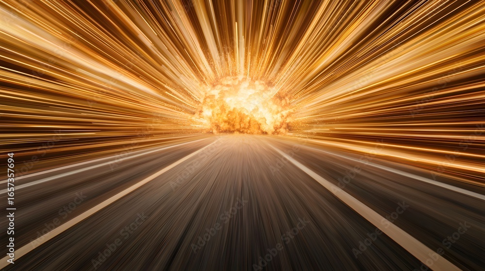 Poster a dynamic image features an asphalt road leading towards an intense explosion of light and golden st
