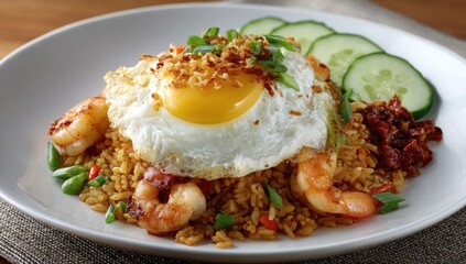 Plate of fried rice with shrimp, egg, and cucumber