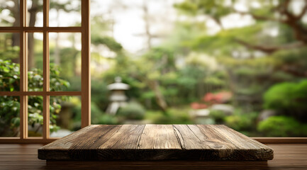 empty wooden table top with soft blurred japanese window and green garden view offering natural daylight background perfect for product presentation or interior design template in minimal