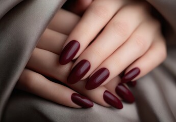 Close-up of well-manicured hands with dark burgundy nail polish resting on soft fabric