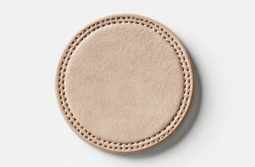 Close-up of a round, beige ceramic plate with a decorative dotted border on a white background