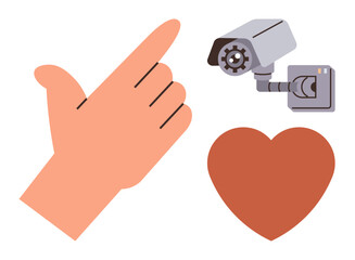 Hand poised near security camera with a large heart icon below suggests themes of surveillance, privacy, trust, safety, emotional security, social awareness, and communication. Ideal for privacy