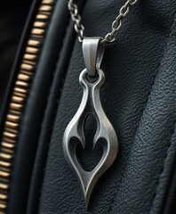 Intricate Metallic Pendant with Flame Design Hanging on Leather Background, Symbolizing Edgy Fashion and Unique Personal Style